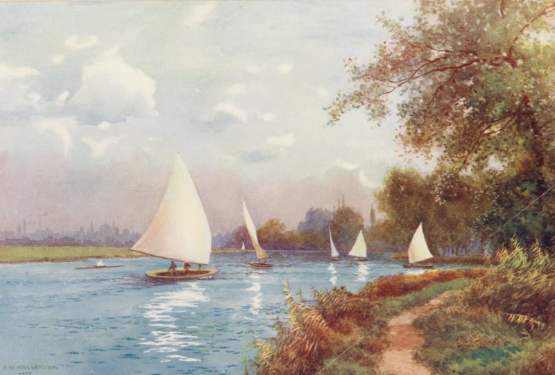 Floden Themsen: Kennington Reach, Oxford (färglitografi) av Ernest William Haslehust