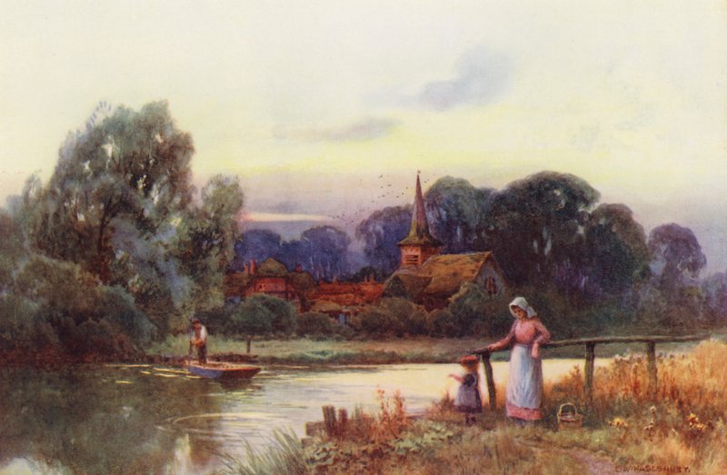 Floden Themsen: Moulsford Ferry (färglitografi) av Ernest William Haslehust