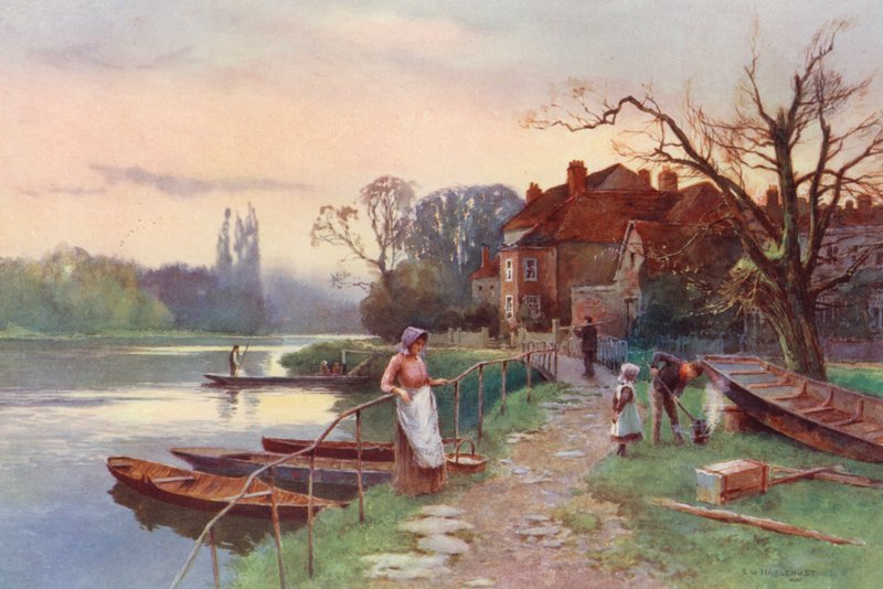 Floden Themsen: Nära Staines (färglitografi) av Ernest William Haslehust