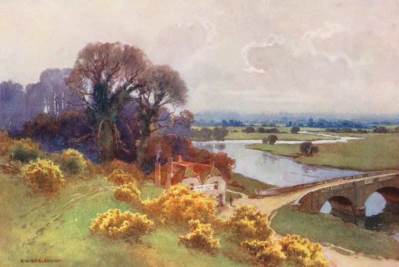 Floden Themsen: Shillingford Bridge (färglitografi) av Ernest William Haslehust