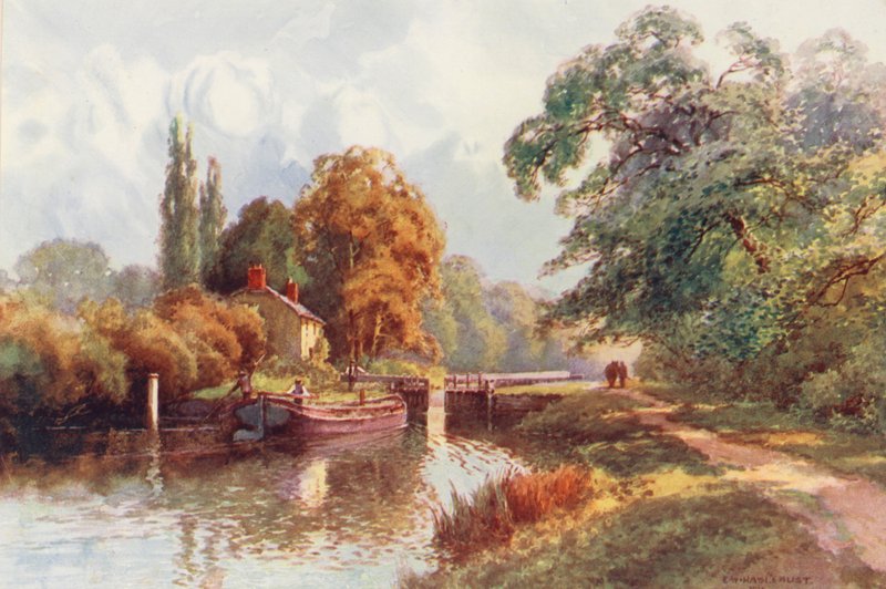 Floden Themsen: Sonning Lock (färglitografi) av Ernest William Haslehust