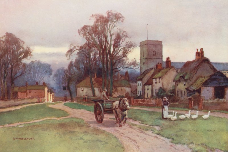 Floden Themsen: Sutton Courtney Village (färglitografi) av Ernest William Haslehust