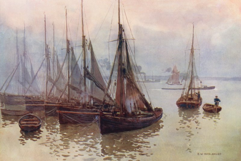 Floden Themsen: Räkfiskeflottan, Gravesend (färglitografi) av Ernest William Haslehust