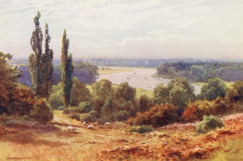 Floden Themsen: Themsen, från Richmond Hill (färglitografi) av Ernest William Haslehust