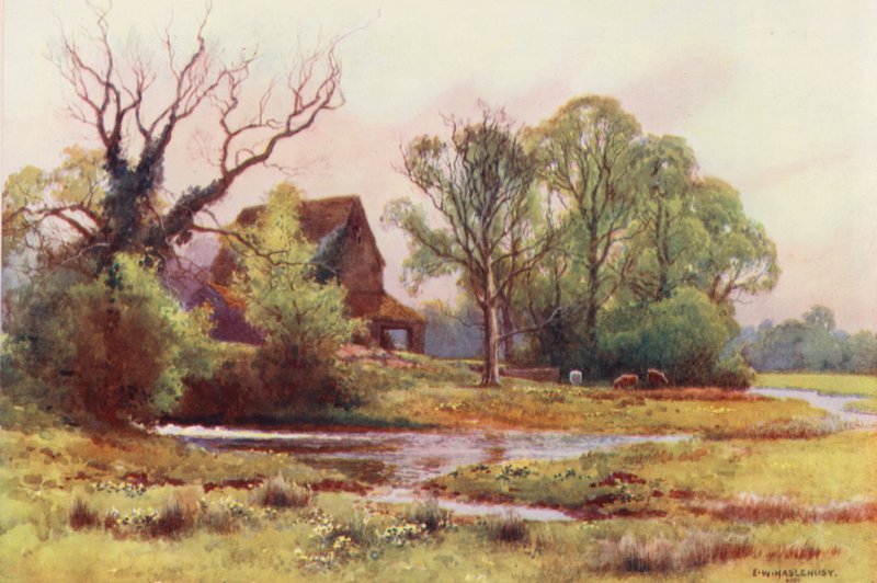Floden Themsen: Upper Somerford Mill (färglitografi) av Ernest William Haslehust