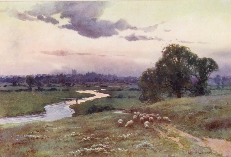 Floden Themsen: Vy från Eisey Hill (färglitografi) av Ernest William Haslehust