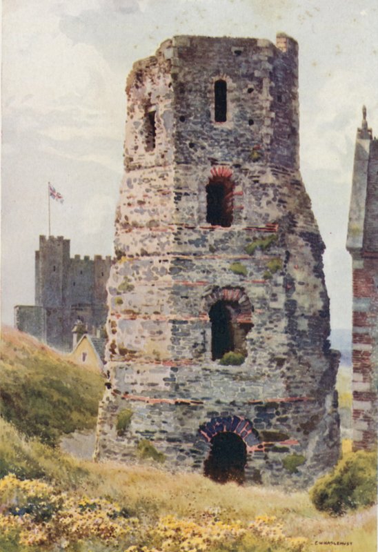 Roman Pharos, Dover Castle (färg litho) av Ernest William Haslehust