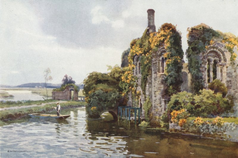 Ruinerna av Norman House, Christchurch (färg litho) av Ernest William Haslehust