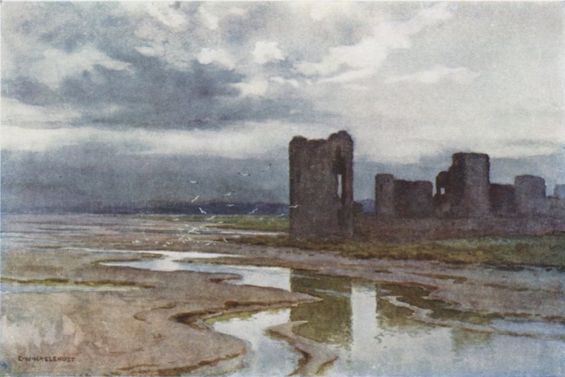 Sands of Dee, Flint Castle (färg litho) av Ernest William Haslehust