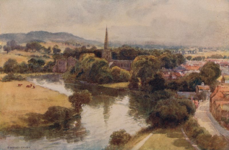 Stratford-on-Avon från Memorial Theatre (litho i färg) av Ernest William Haslehust