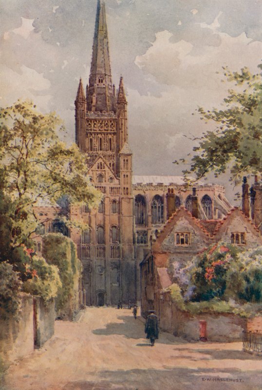The Cathedral Precincts, Norwich (färg litho) av Ernest William Haslehust