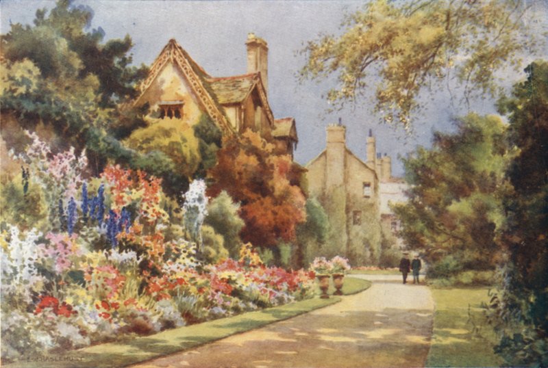 The Cottages, Worcester College Gardens (litho i färg) av Ernest William Haslehust