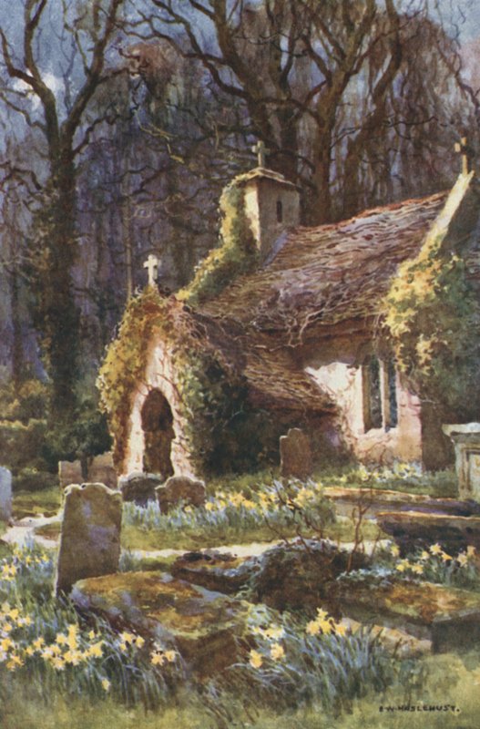 Gamla kyrkan, Bonchurch (färg litho) av Ernest William Haslehust
