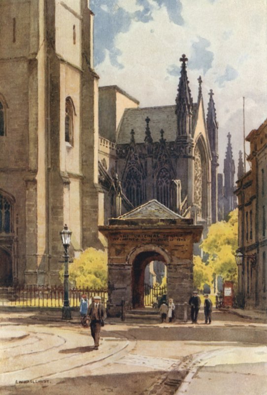The Old Well House och Parish Church, Leamington (färg litho) av Ernest William Haslehust
