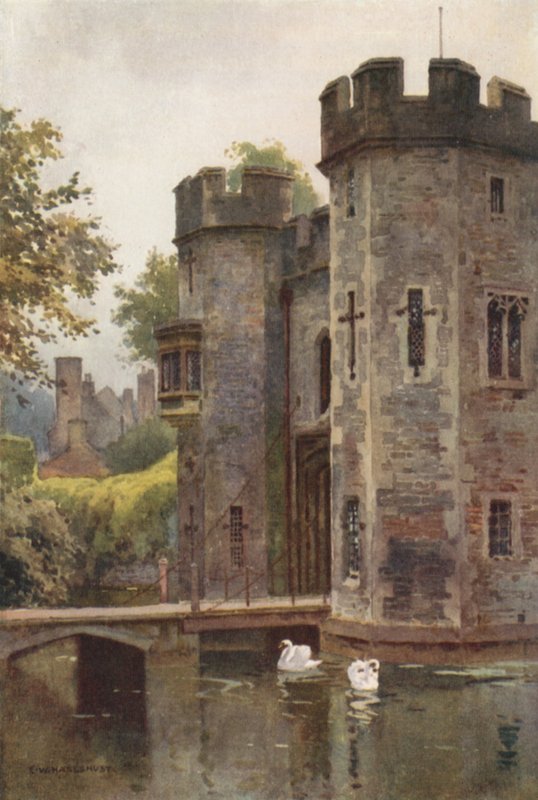 The Palace Gatehouse och Drawbridge, Wells (färg litho) av Ernest William Haslehust