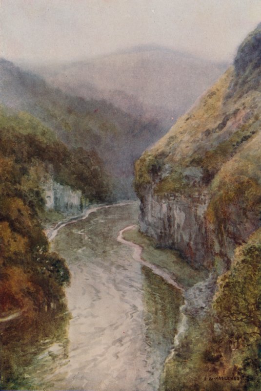 The Wye nära Cressbrook Dale (färg litho) av Ernest William Haslehust
