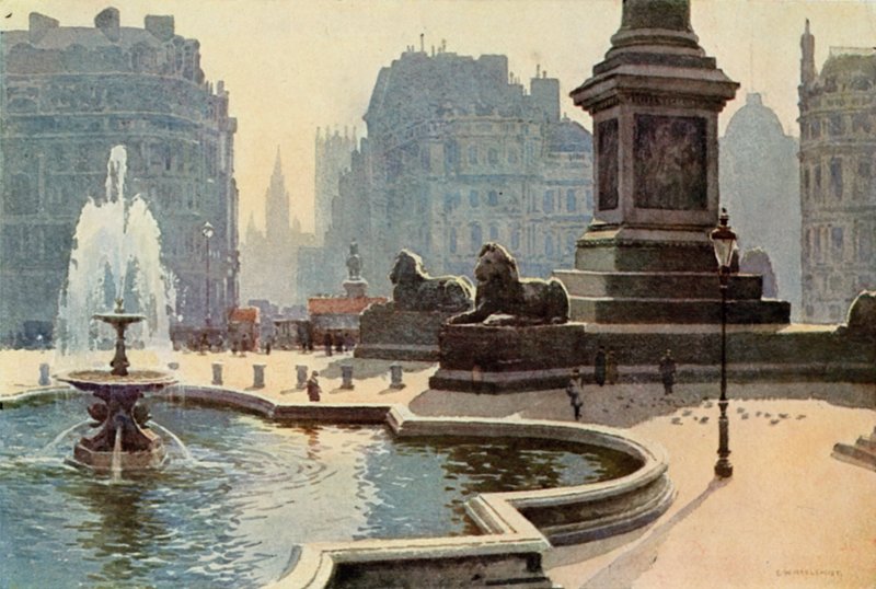 Trafalgar Square (lito i färg) av Ernest William Haslehust