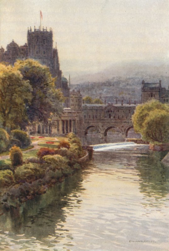 Utsikt från North Parade Bridge, Bath (färg litho) av Ernest William Haslehust