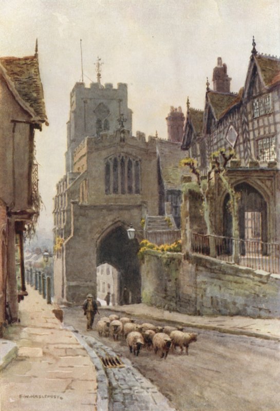 West Gate, Warwick (färg litho) av Ernest William Haslehust