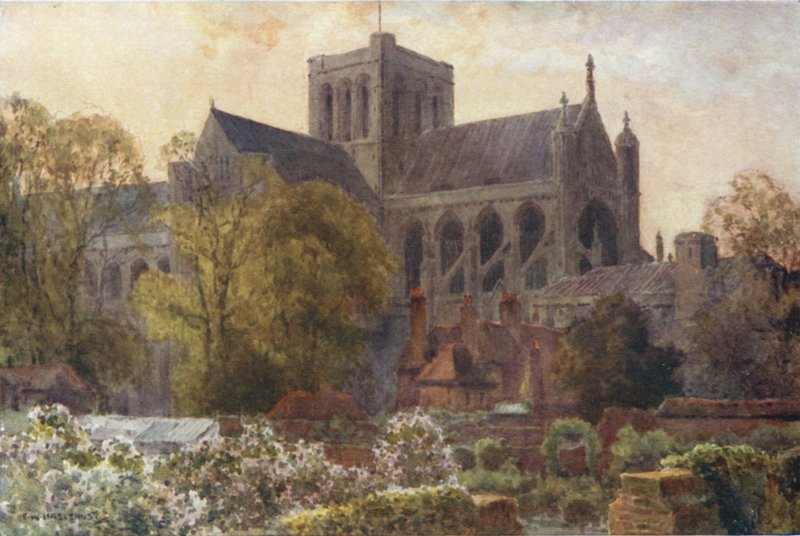 Winchester Cathedral från Deanery Gardens (färg litho) av Ernest William Haslehust