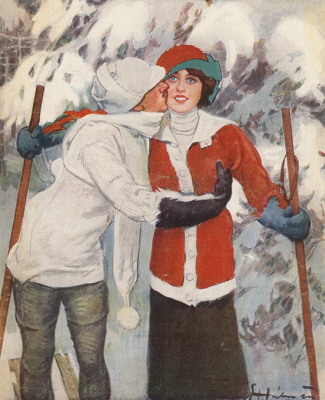 Parskidåkning på vintern (färg litho) av Ernst (after) Heilemann
