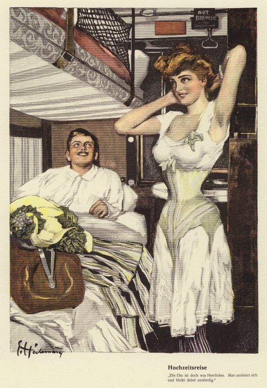 Gift par åker på sin smekmånad på ett sovande tåg (färg litho) av Ernst (after) Heilemann