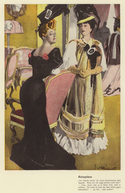 Två kvinnor diskuterar semesterresplaner (färg litho) av Ernst (after) Heilemann