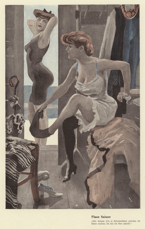 Två kvinnor i omklädningsrummet vid ett simbad (färg litho) av Ernst (after) Heilemann