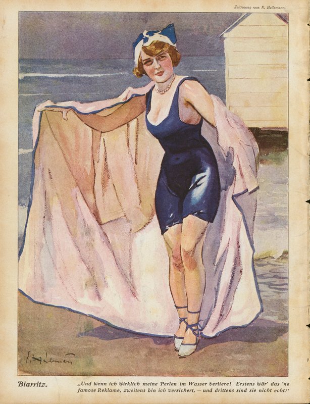 Kvinna på stranden i Biarritz (färg litho) av Ernst (after) Heilemann