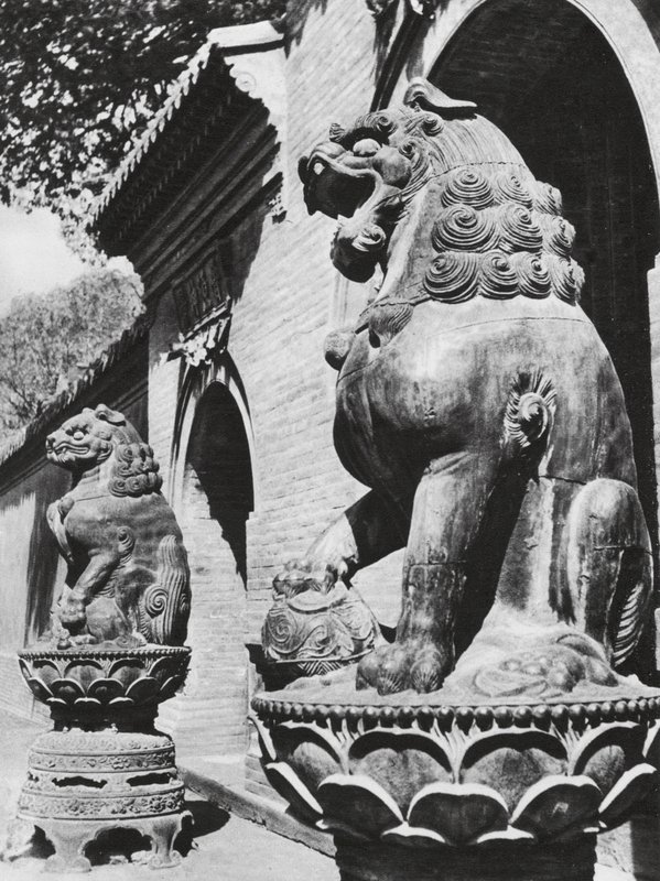 Taiyuanfu, Ta pei sze, Shansi, Bronslejon vid templets ingång (svartvitt foto) av Ernst Boerschmann