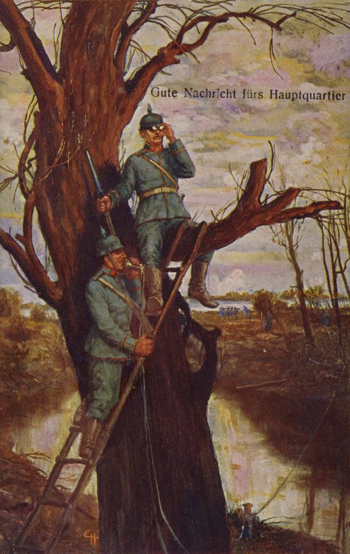 Goda nyheter för högkvarteret, tyska soldater som observerar slagfältet och rapporterar till högkvarteret via en fälttelefon, första världskriget, 1915 av Ernst Heilemann