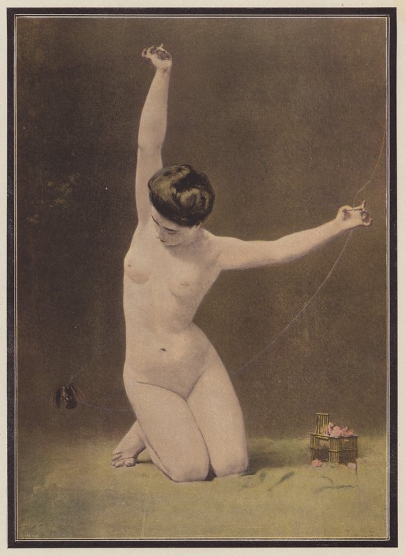 Kvinnan och fågeln (färg litho) av Ernst Philippe Zacharie