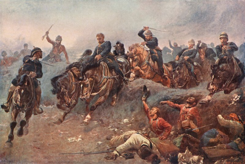 Brittiskt artilleri går in i fiendens linjer vid slaget vid Tel El Kebir, Egypten, 1882 av Esteban Márquez de Velasco