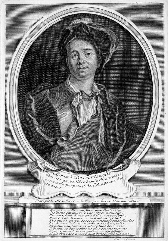 Bernard Le Bovier de Fontenelle, fransk författare (gravyr) av Etienne Jehandier (after) Desrochers