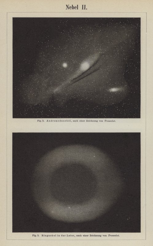 Utsikt över Andromeda-nebulosan och ringnebulosan i stjärnbilden Lyra (gravyr) av Étienne Léopold Trouvelot