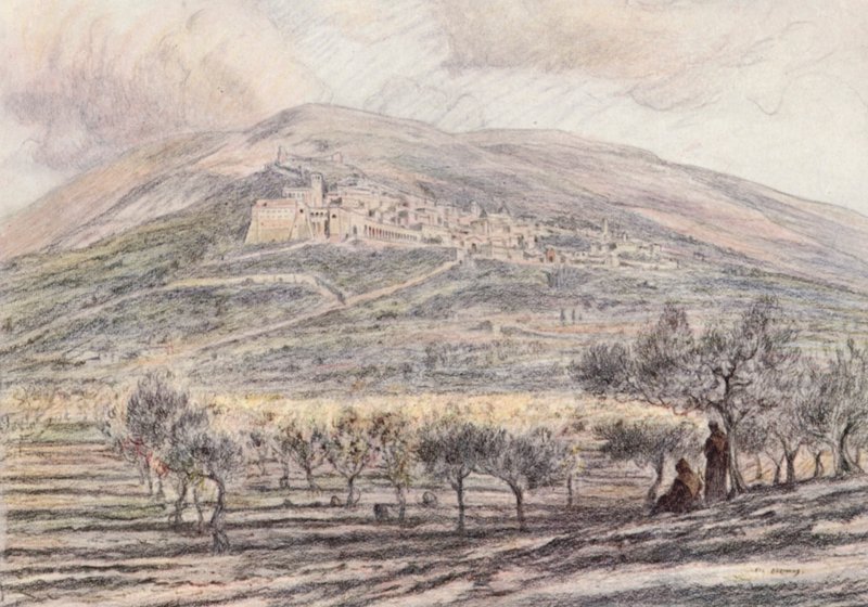 Assisi (färglitografi) av Eugene (after) Burnand