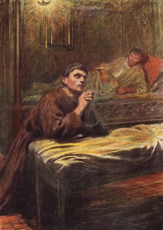 Konvertering av broder Bernard av Quintavalle (färglitografi) av Eugene (after) Burnand