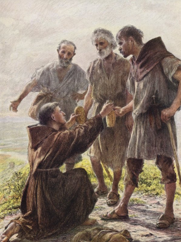 Friar Angel och de tre briganderna (färglitografi) av Eugene (after) Burnand