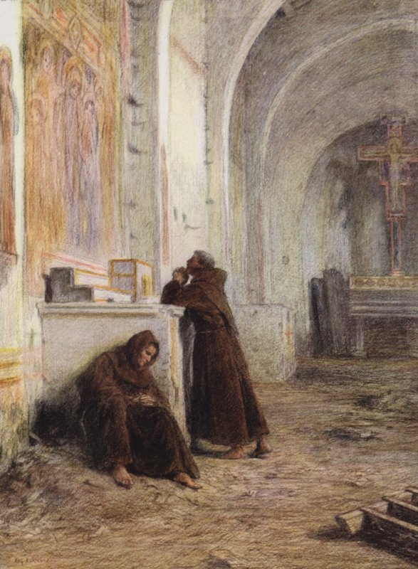 Broder Giles och hans följeslagare svimmar av hunger i en öde kyrka (färglitografi) av Eugene (after) Burnand