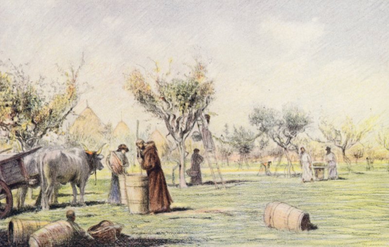 Broder Giles arbetar i vingården (färglitografi) av Eugene (after) Burnand