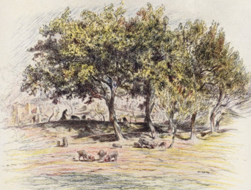 Friar Juniper skär av foten på en gris för att ge den till en sjuk man (färglitografi) av Eugene (after) Burnand