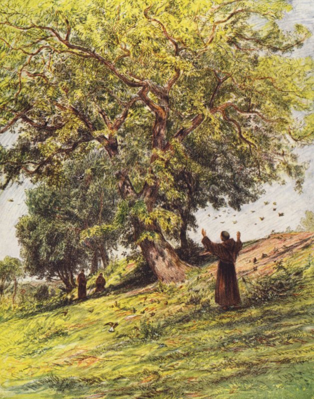 St Fancis predikar för fåglarna (färglitografi) av Eugene (after) Burnand