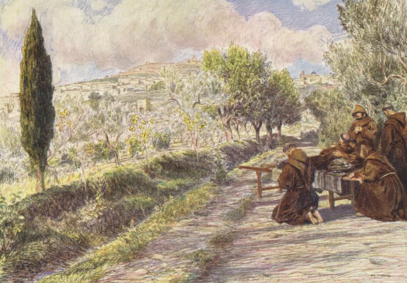 Sankt Franciskus välsignar staden Assisi (färglitografi) av Eugene (after) Burnand