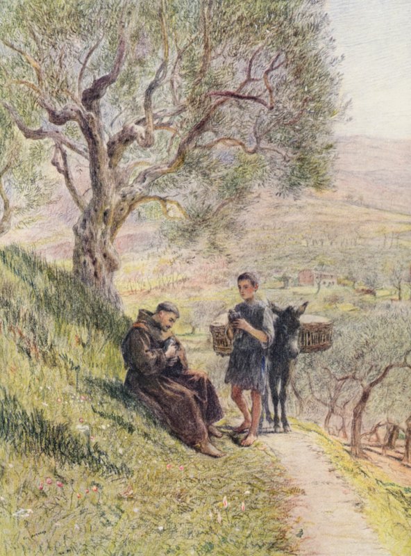 Sankt Franciskus tämjer de vilda turturduvorna (färglitografi) av Eugene (after) Burnand