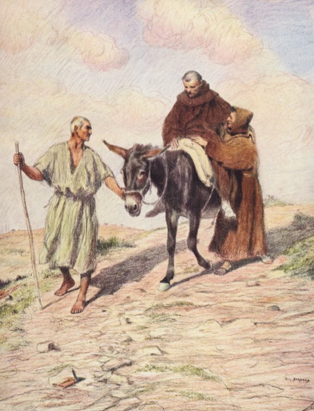 Den helige Franciskus på väg nedför berget la Verna med broder Leo efter att de heliga stigmata har präglats (färglitografi) av Eugene (after) Burnand
