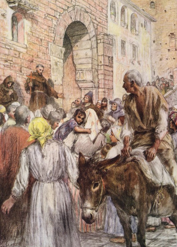 Den helige Franciskus predikar i Bologna (färglitografi) av Eugene (after) Burnand