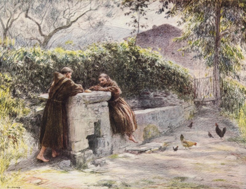 Den helige Franciskus och broder Masseos måltid vid fontänen, den helige Franciskus prisar fattigdomen (färglitografi) av Eugene (after) Burnand