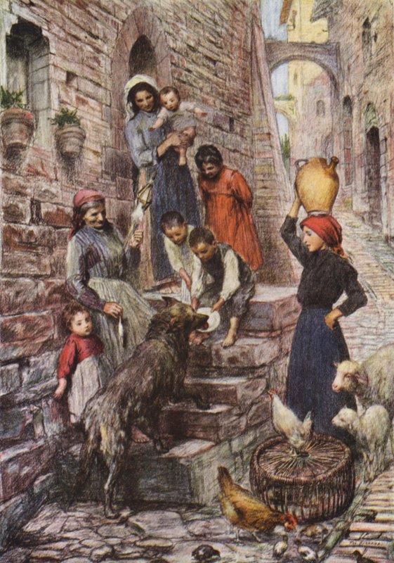 Vargen av Gubbio efter sin omvändelse (färglitografi) av Eugene (after) Burnand