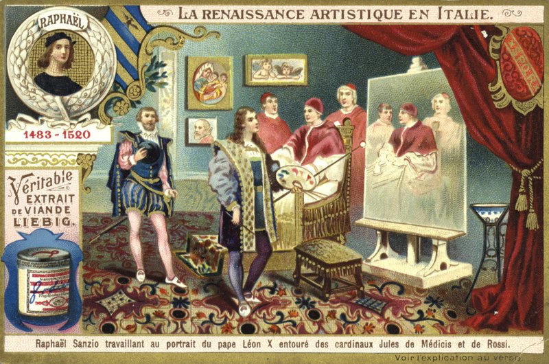 Raphael arbetar på sitt porträtt av påven Leo X med kardinalerna Giulio de Medici och Luigi de Rossi av European School
