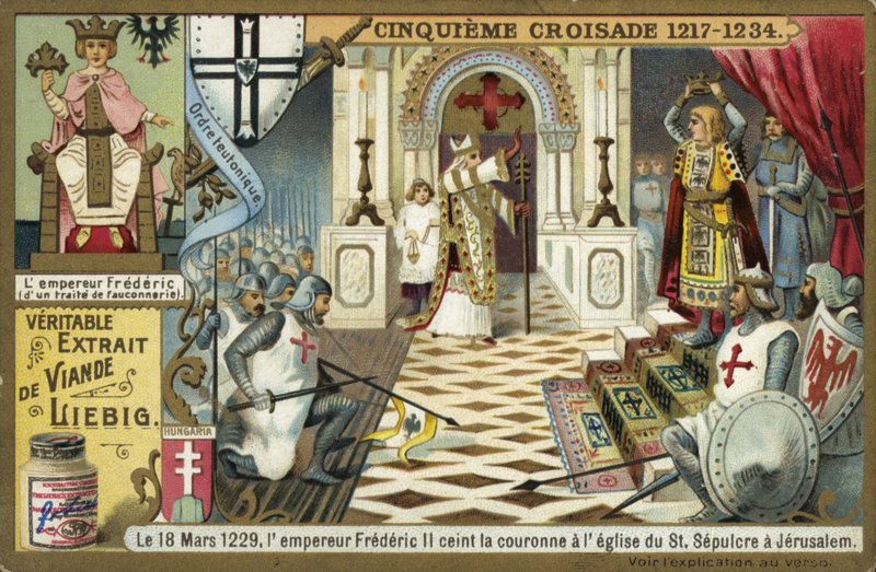 Kejsar Fredrik II tar Jerusalems krona i Heliga gravens kyrka, sjätte korståget, 18 mars 1229 av European School